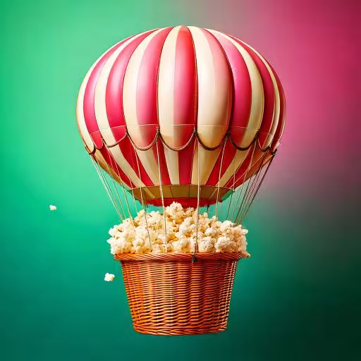 Firefly A hot air balloon. The basket is full of popcorn. Green and pink gradient background. 26385