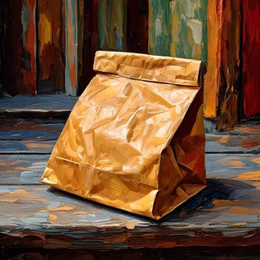 Firefly A folded brown paper bag of takeout left on a porch. Oil painting. 4038