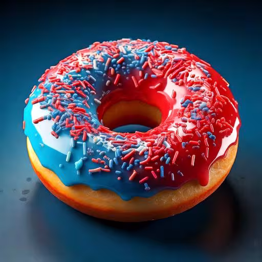 Firefly A donut that is half red and half blue icing. 92626