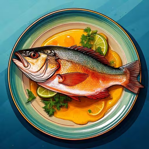 Firefly A cartoon of a chilean sea bass on a plate. Bright primary colors. 60470