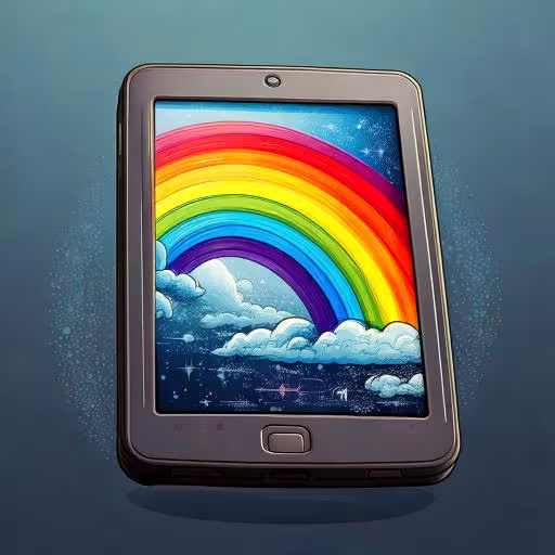 Firefly An e-reader with a picture of a rainbow on the screen. Cartoon. Bright. 37336