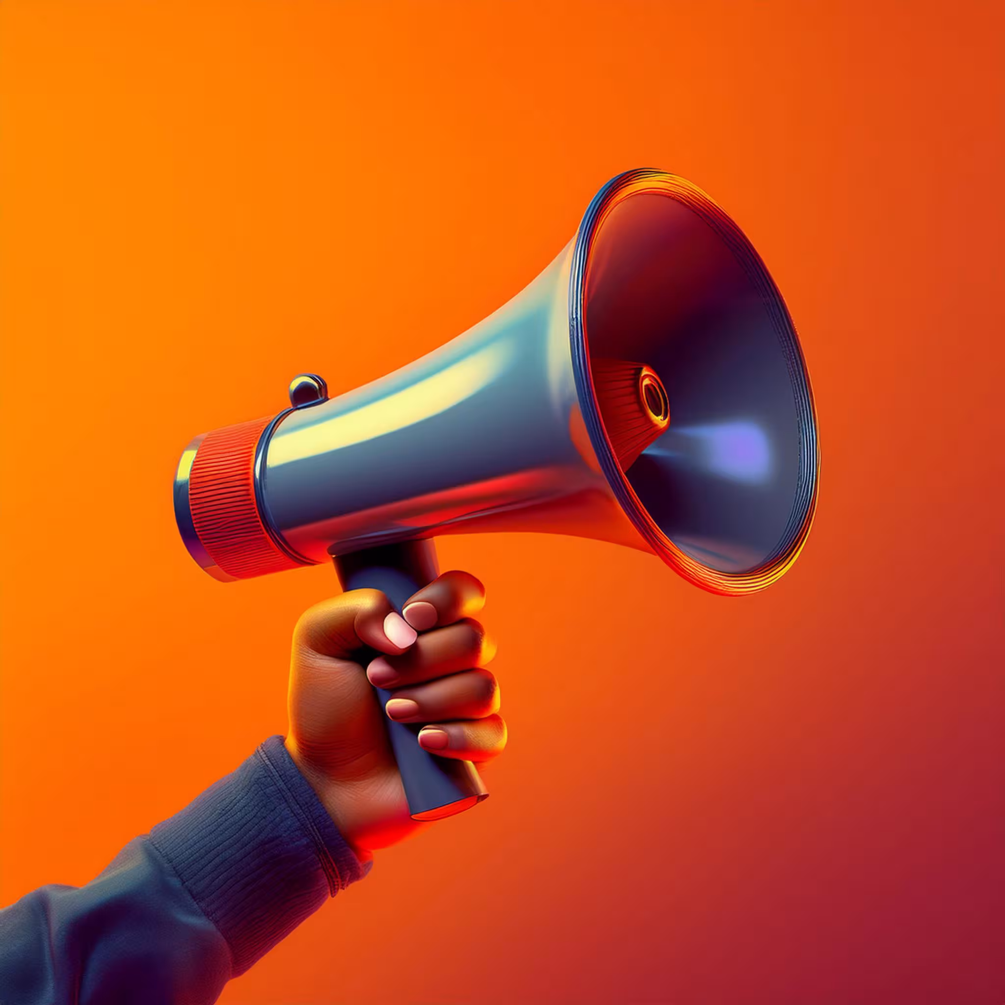 Firefly Hand holding a megaphone announces sales and discounts, on a vibrant orange background. Mark