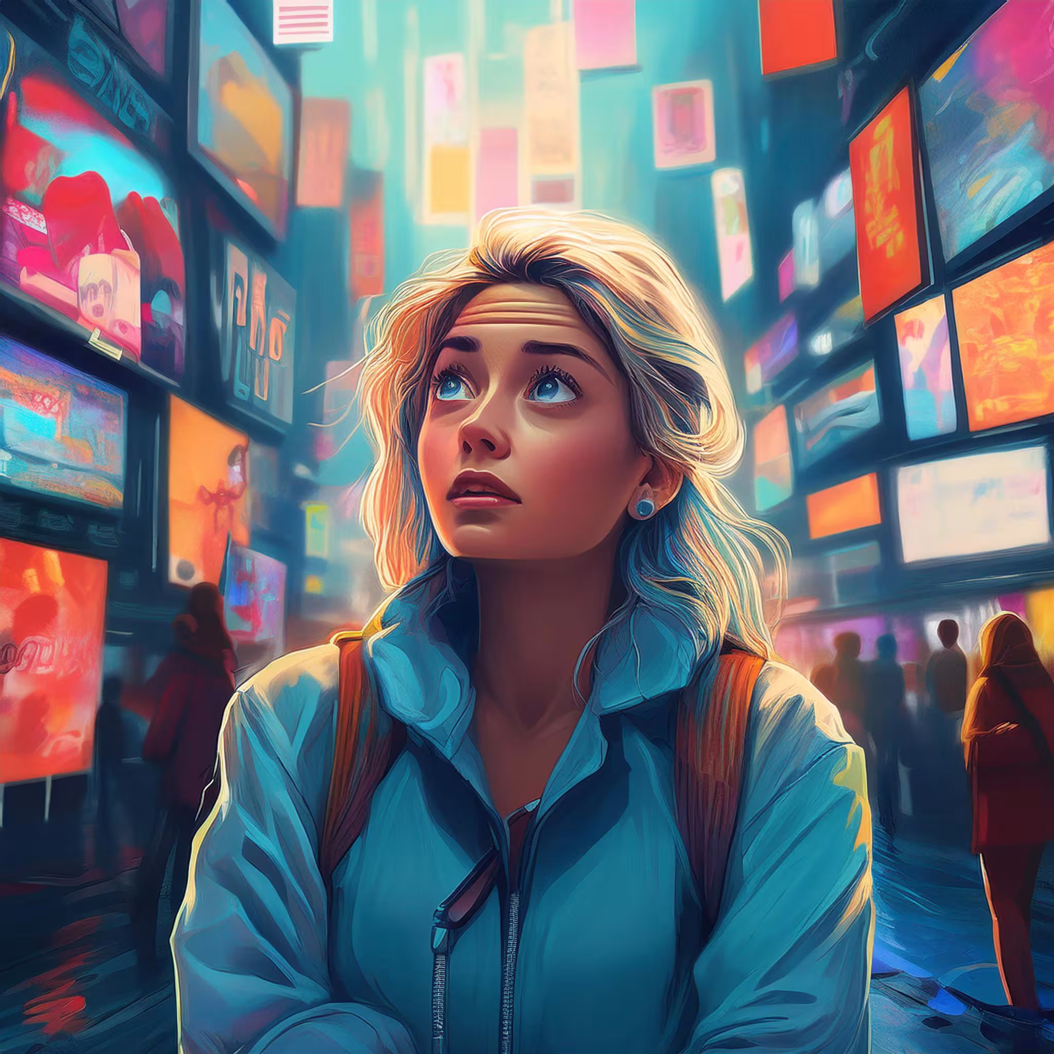 Firefly A person feeling lost surrounded by ads and commercials and billboards 37588