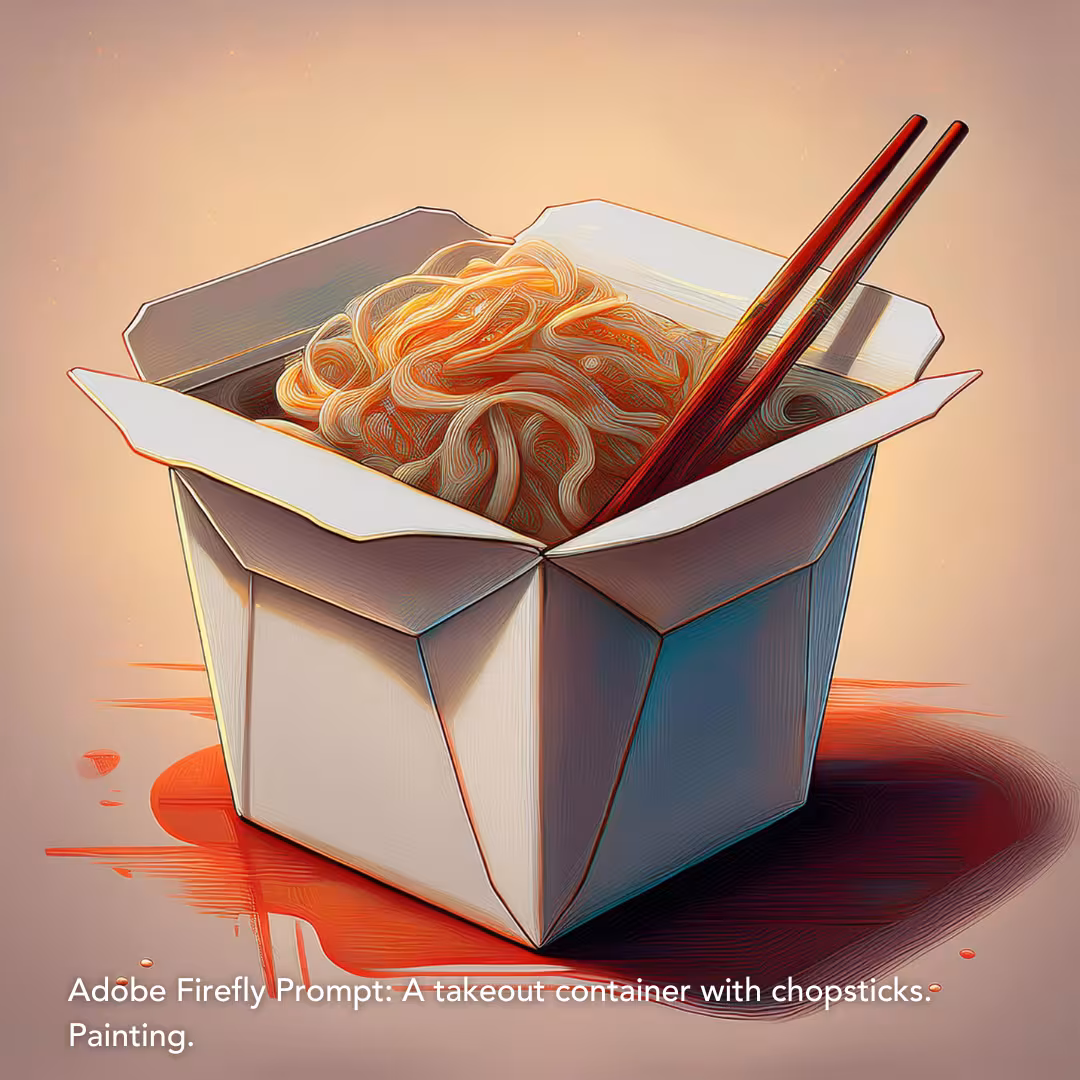 Adobe Firefly Prompt: A takeout container with chopsticks. Painting.