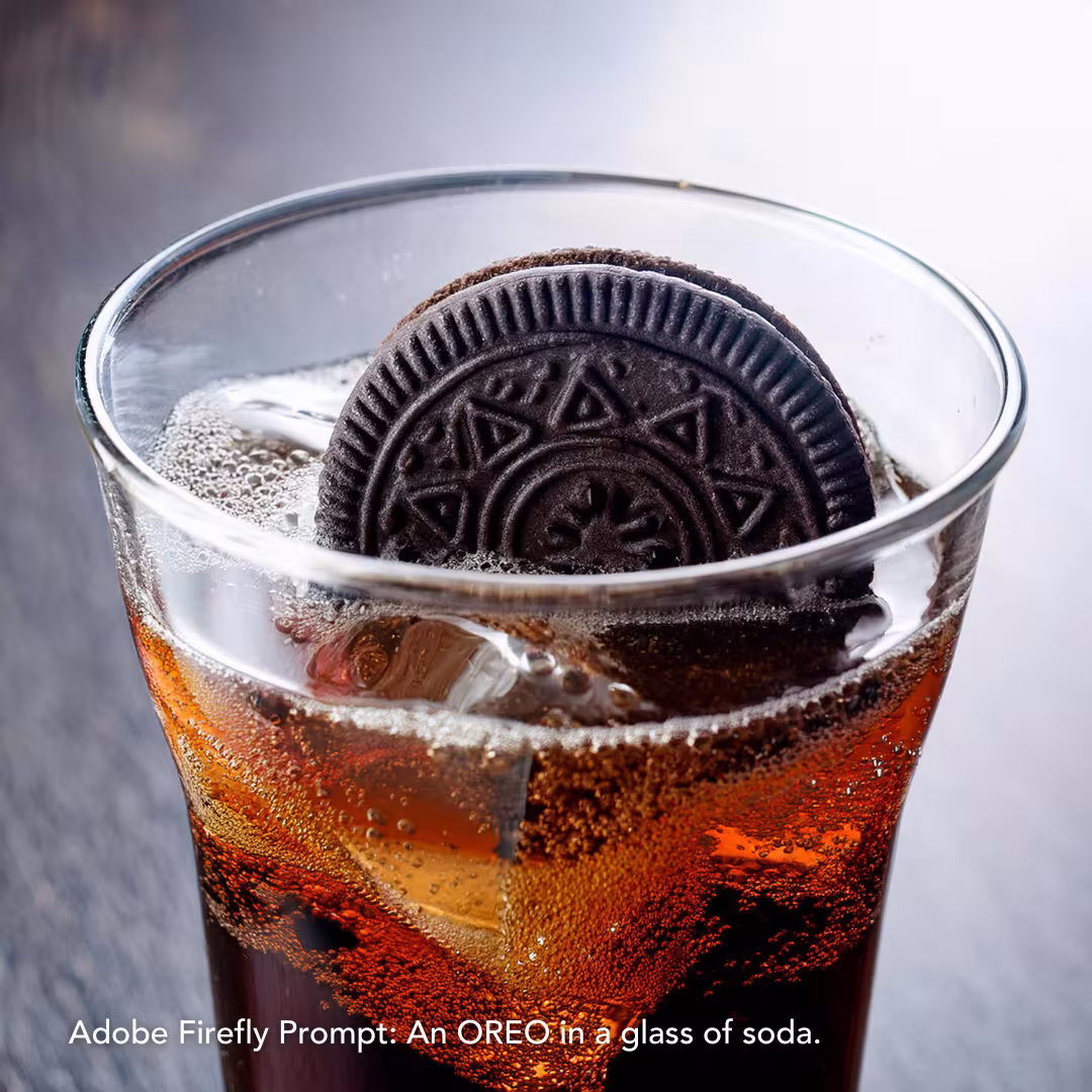 Adobe Firefly Prompt: An OREO in a glass of soda.
