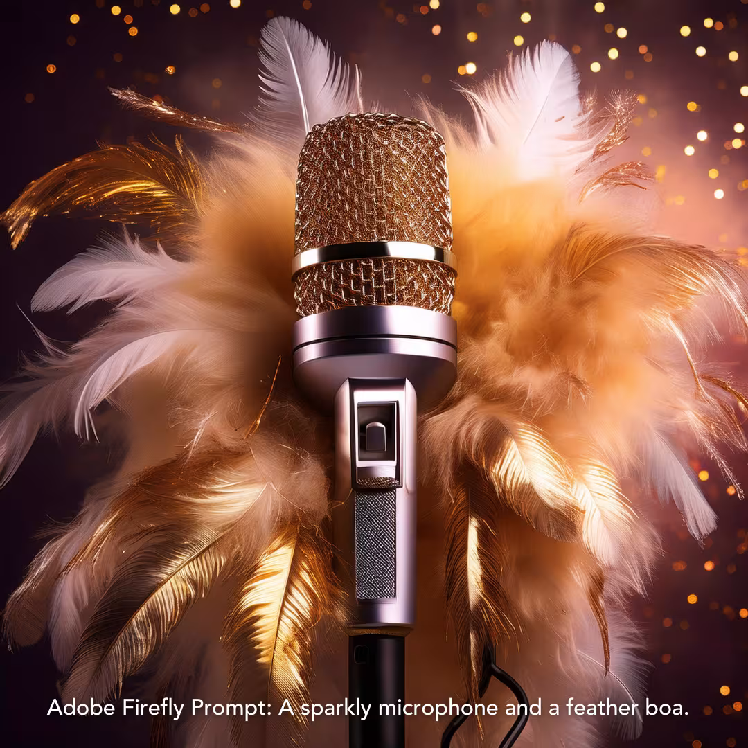 Adobe Firefly Prompt: A sparkly microphone and a feather boa.