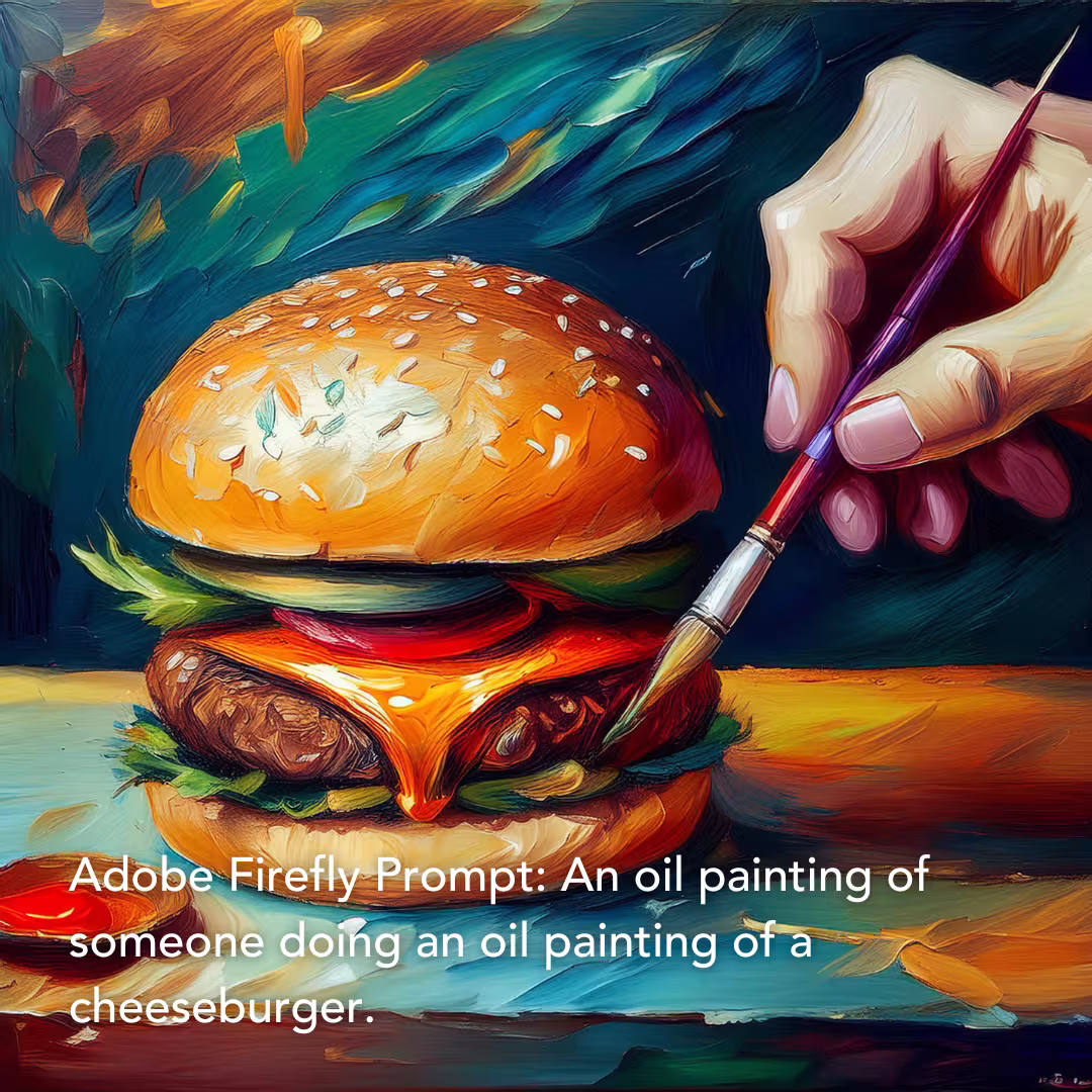 Adobe Firefly Prompt: An oil painting of someone doing an oil painting of a cheeseburger.