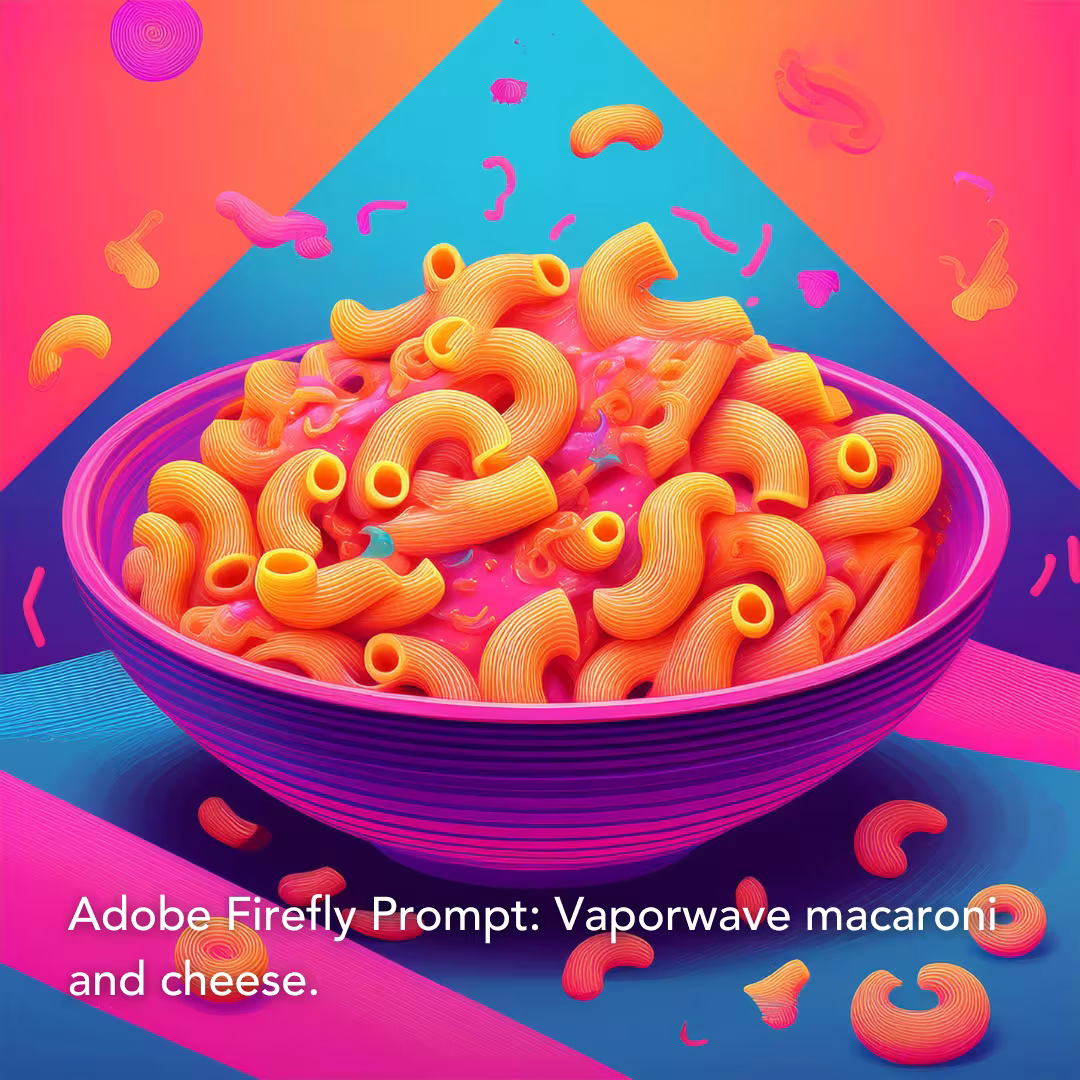 Adobe Firefly Prompt: Vaporwave macaroni and cheese.