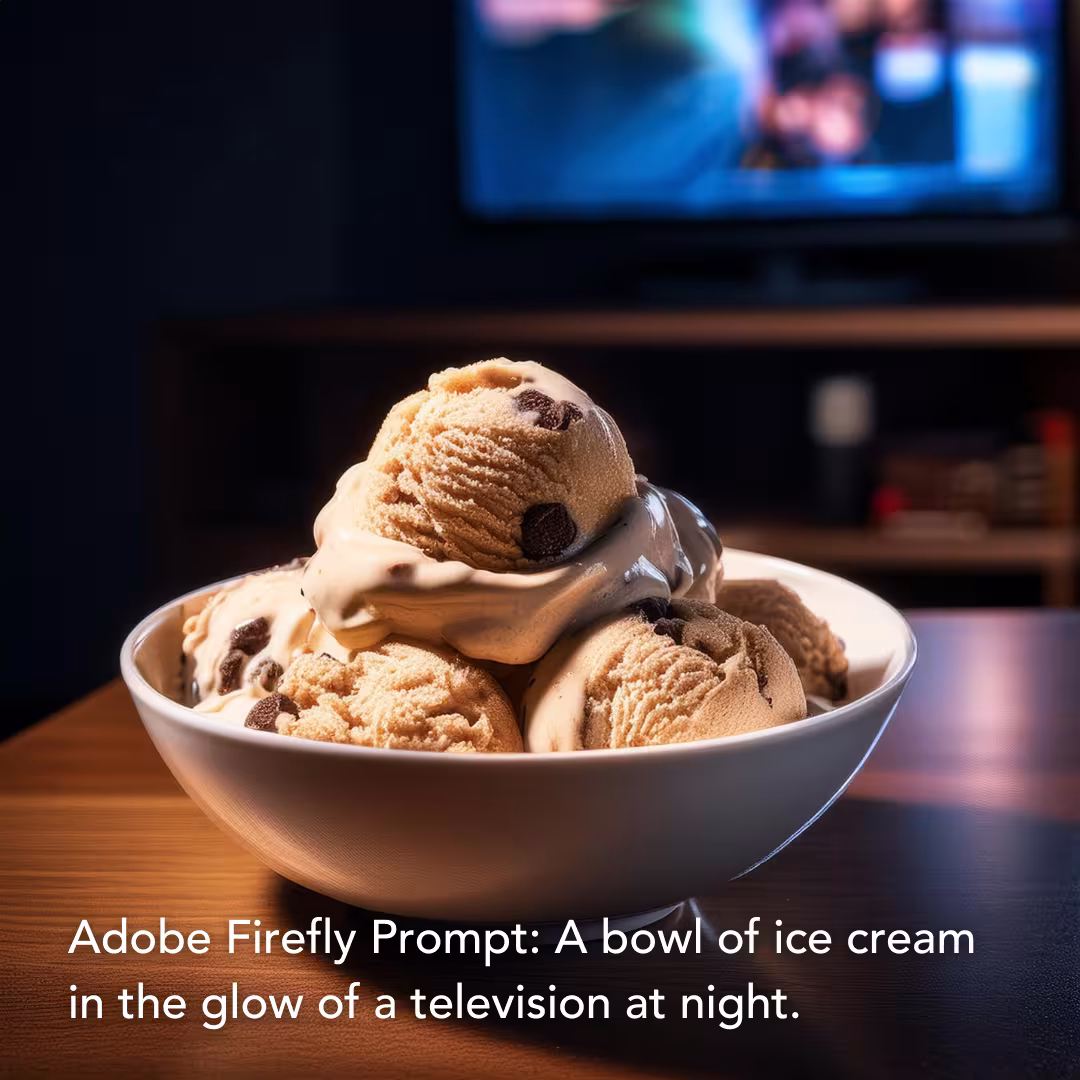 Adobe Firefly Prompt: A bowl of ice cream in the glow of a television at night.