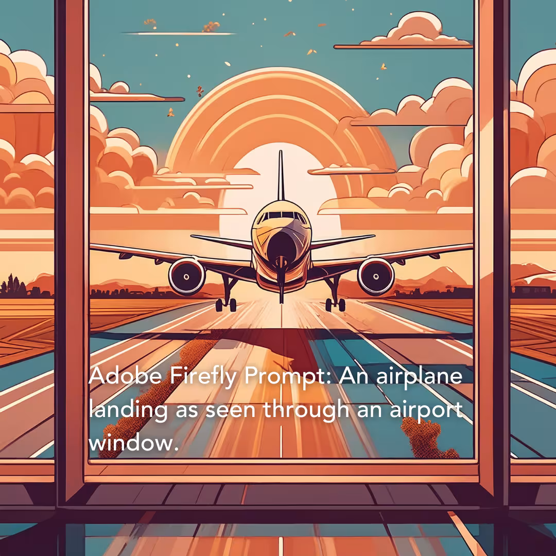 Adobe Firefly Prompt: An airplane landing as seen through an airport window.
