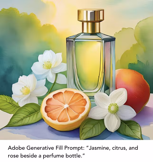 Adobe Generative Fill Prompt: “Jasmine, citrus, and rose beside a perfume bottle.”