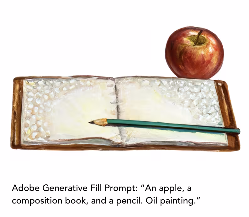 Generative Adobe Fill Prompt: An apple, a composition book, and a pencil. Oil painting.