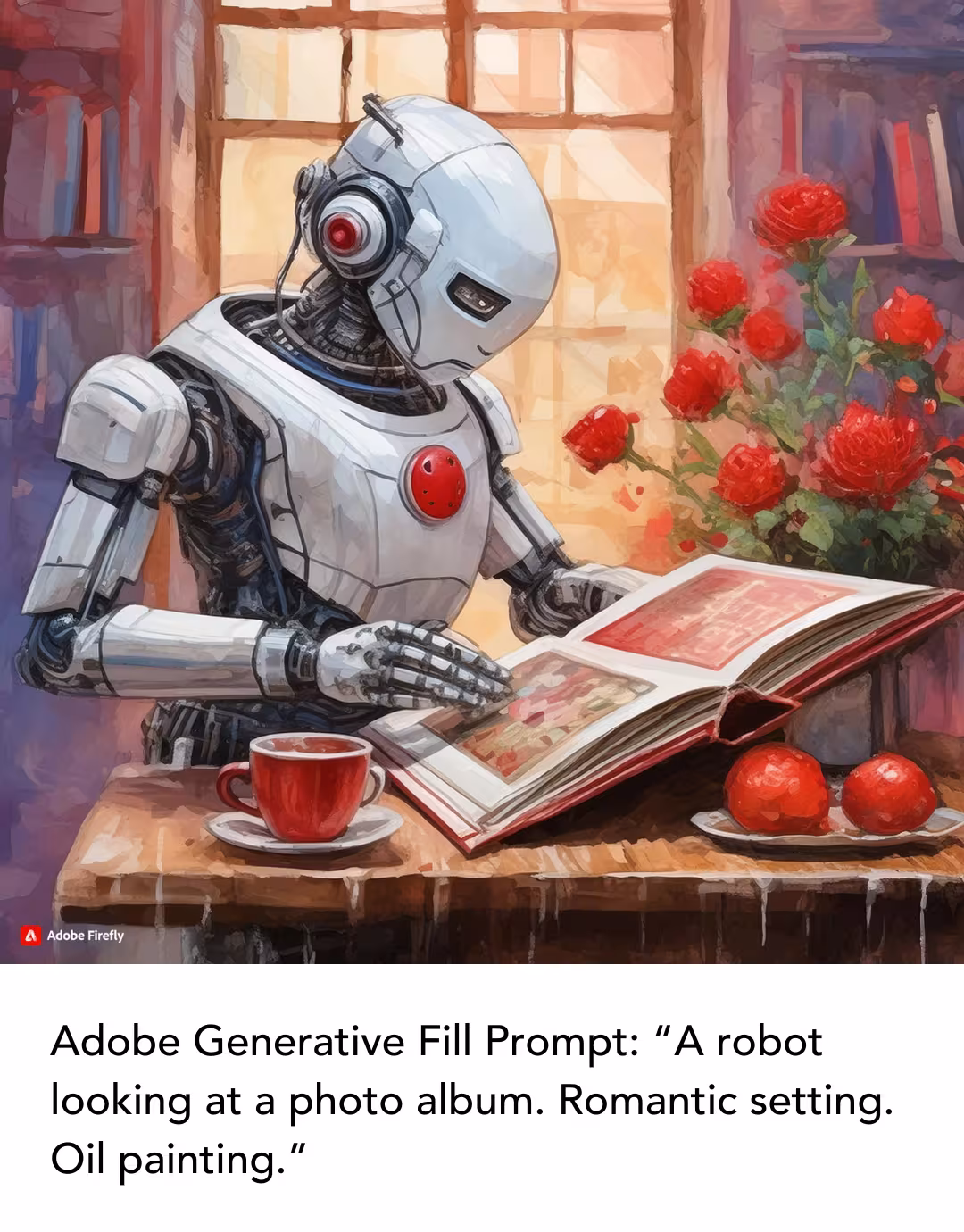 Adobe Generative Fill Prompt: A robot looking at a photo album. Romantic setting. Oil painting.