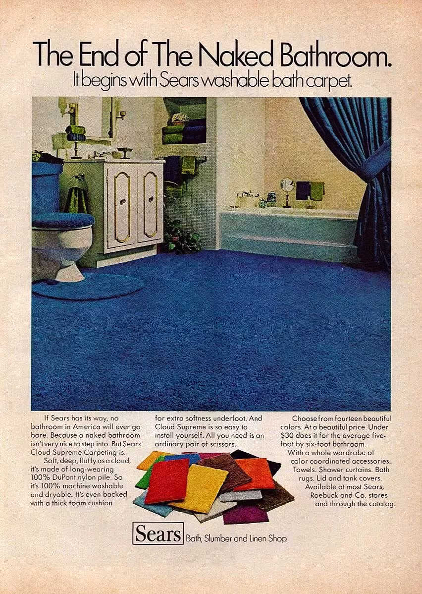 The End of The Naked Bathroom. It begins with Sears washable bath carpet.