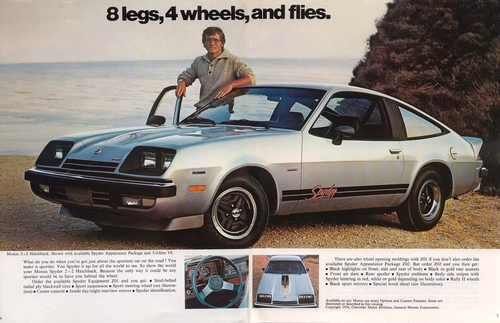 A man stands behind a 1976 Chevrolet Monza. Title "8 legs, 4 wheels, and flies."