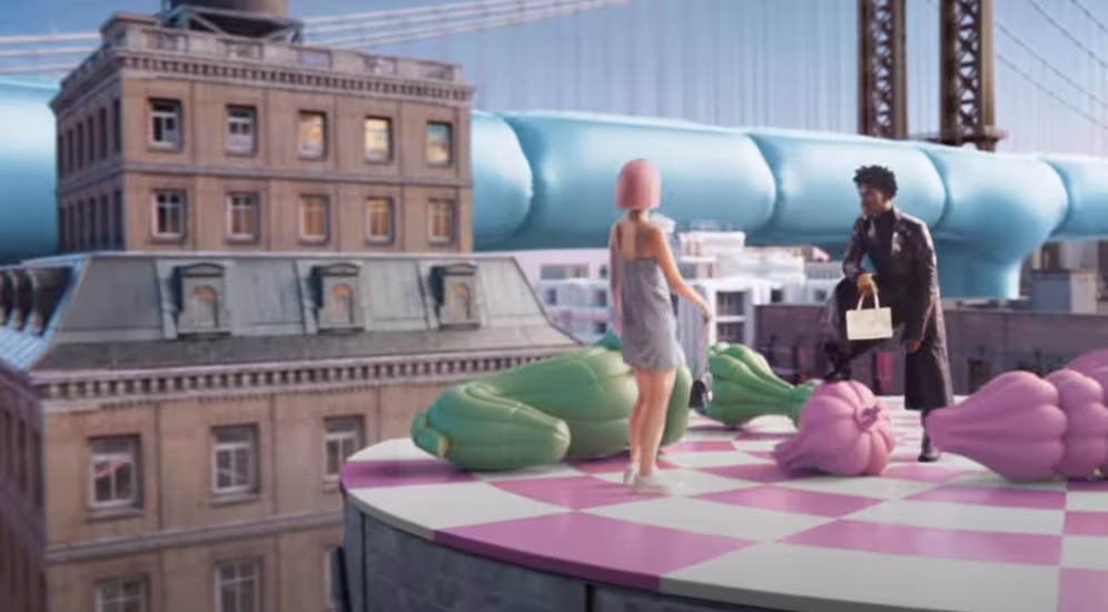 Digital model Imma and Lil Nas X stand on a pink pastel chess board in a virtual urban setting