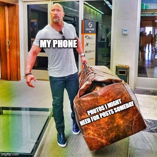 Dwayne The Rock ("My phone") holds an enormous bad ("Photos I might need for a post some day)