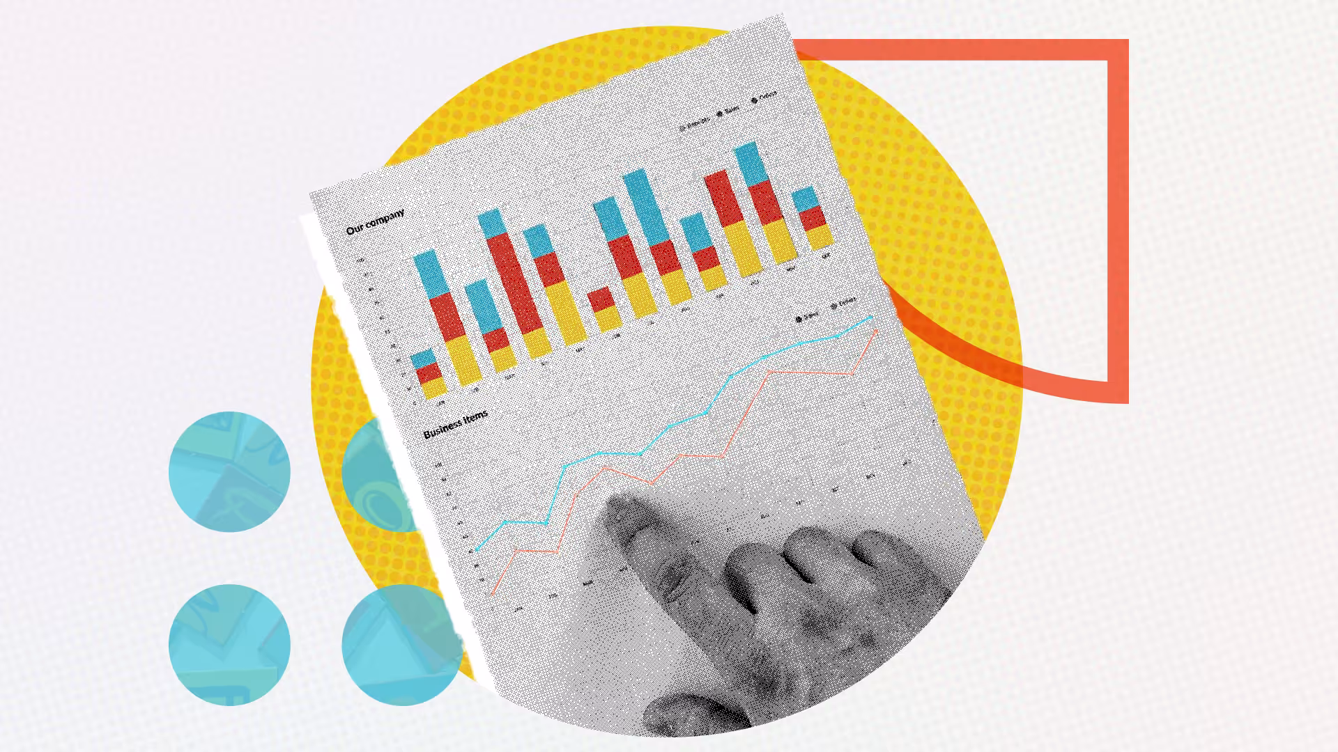 A hand on a data sheet with graphic embellishments