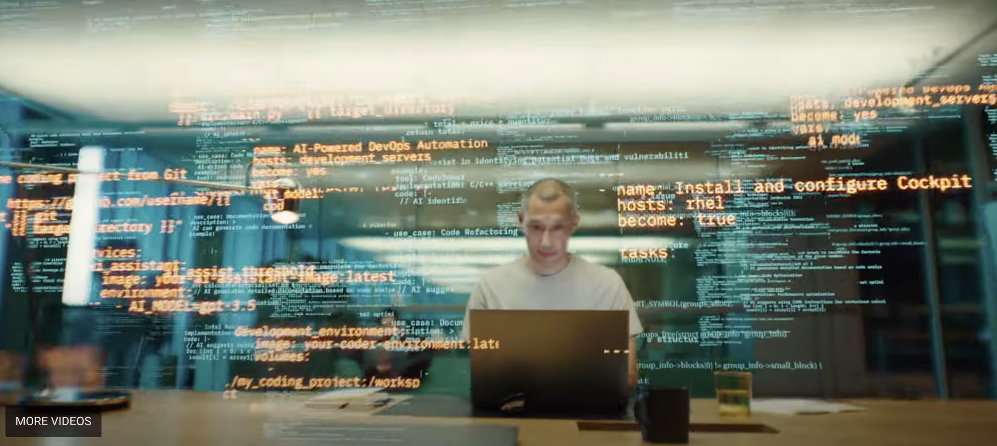 A flurry of data appears superimposed around a man working on a computer.
