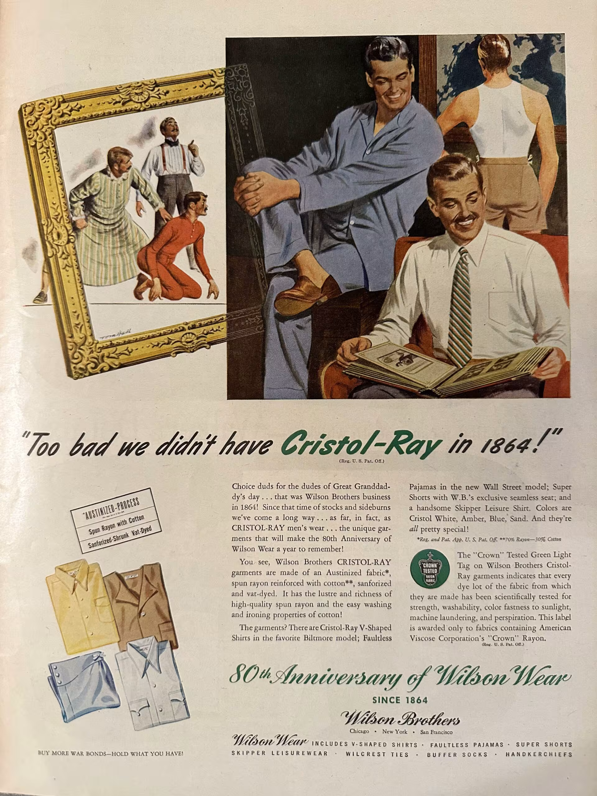 An advertisement for Wilson Brothers' 80th anniversary, featuring men wearing a dress shirt, pajamas, and underwear. It reads 
