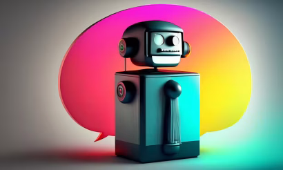 A robot with a speech bubble behind it.